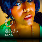 Woman with vibrant makeup and accessories with text 'Retro. Sparkly. Sexy.'
