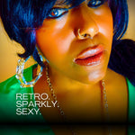 Woman with vibrant makeup and accessories with text 'Retro. Sparkly. Sexy.'
