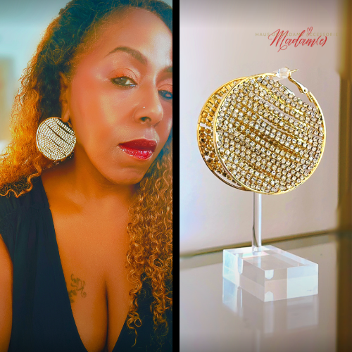 A split image showing a woman wearing a large round rhinestone earring on the left, and a close-up of the matching earring displayed on a clear stand on the right. The earring is gold-toned with rows of clear rhinestones.